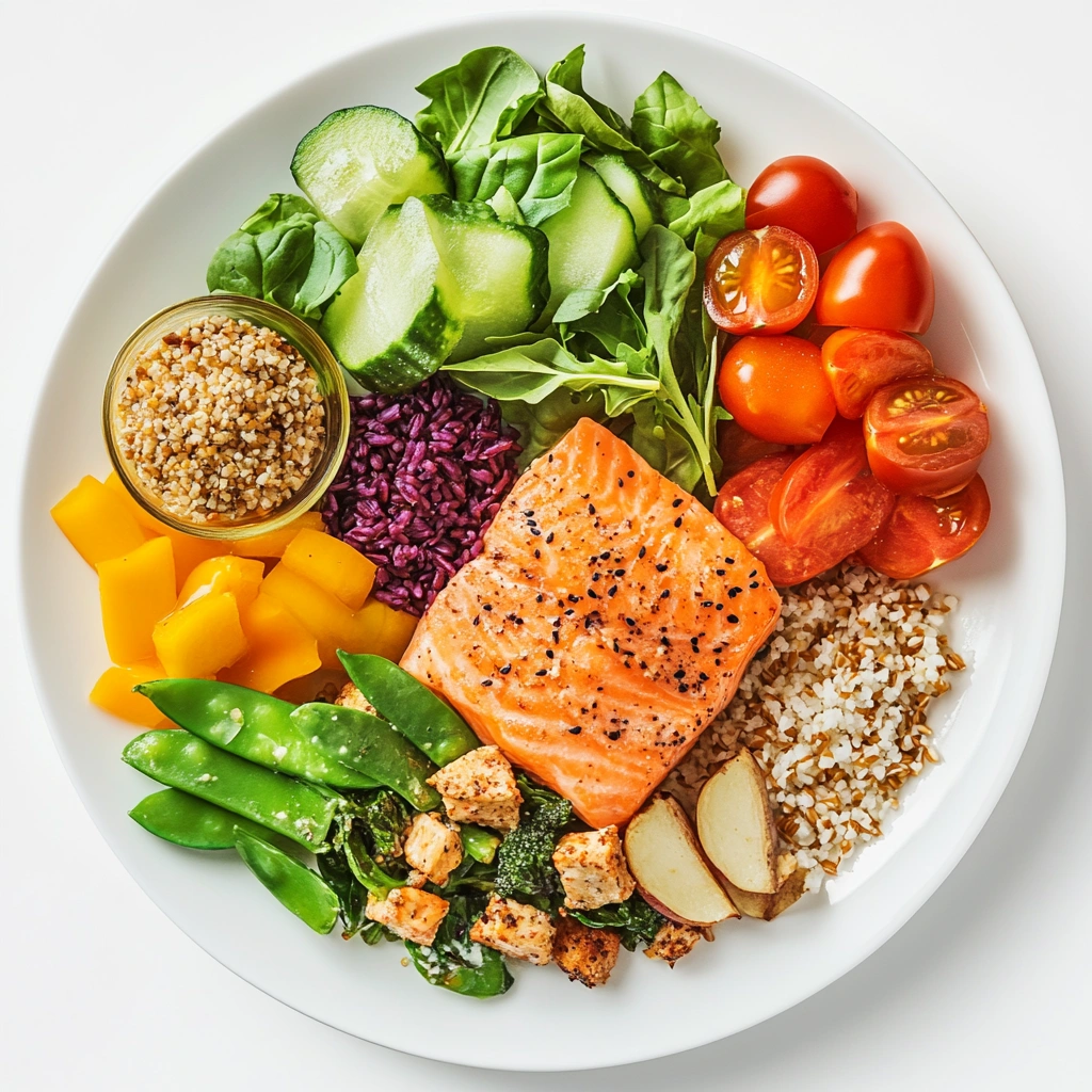 Збалансована тарілка з різноманітною їжею для людей старшого віку